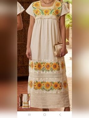 MEXICAN HANDEMBROIDED WEDDING Cream Maxi Dress with Yellow Sunflower Embroidery